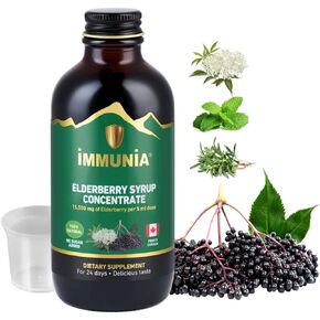 Immunia Elderberry Syrup for Adults Elderberry Concentrate with Elderflower, Thyme and Peppermint. No Sugar Added. Delicious Taste. 24 Days/Bottle. (1-Pack)