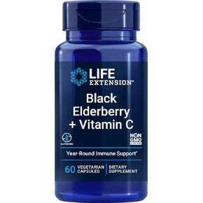Life Extension Black Elderberry + Vitamin C - Immune System Support, Gluten-Free, Non-GMO - 60 Vegetarian Capsules