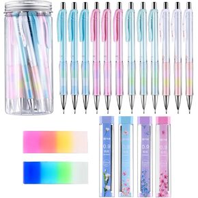 Boao Mechanical Pencil Set Assorted 12 Pieces Mechanical Pencils, 4 Tubes Pencil 0.9 mm Refills, 2 Pieces Erasers with Clear Plastic Bottle
