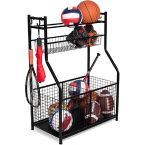 BIRDROCK HOME Sports Equipment Ball Storage Rack for Garage - Baseball, Tennis, Football, Gym and Basketball Gear Organizer - Rack - Wide Bin Basket - 4 Hooks - Tools Garden Shovels Rack - Indoor