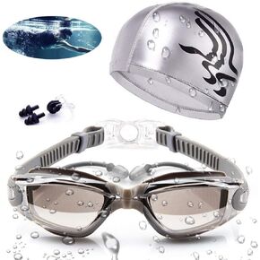 Swimming Goggles Waterproof and Cap Set 4 in 1, UV 400 Protection Lenses Clear Anti-Fog