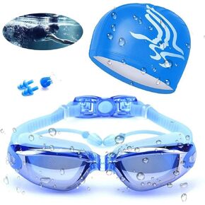 Swimming Goggles Waterproof and Cap Set 4 in 1, UV 400 Protection Lenses Clear Anti-Fog in Kuwait