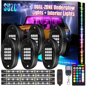 【مخزون واضح】 مجموعة مصابيح LED من 10 شاحنات LED RGB نيون أندرجلو روك تحت العجلة، مجموعة إضاءة داخلية مزدوجة المنطقة مع تطبيق/RF/IR، مزامنة الموسيقى تحت الأضواء مقاومة للماء 12 فولت لشاحنة CAR ATV UTV