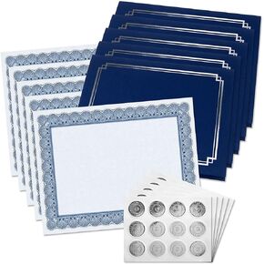 Classic Elite Award Certificate Collection - Includes 25 Certificate Papers (White/Blue), 25 Heavy Linen Folders (Blue/Silver), 25 Silver Foil Seals, Laser & Inkjet Printer Compatible