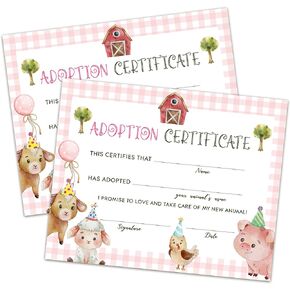 Farm Animals Adoption Certificate - Adopt an Animal Certificate for Girl - Farm Animals Adoption Party Decorations - Farm Barnyard Birthday Party Favors Supplies, 10 Adoption Certificates (CC10)
