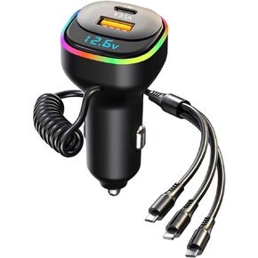 شاحن سيارة USB C بقوة 100 وات و5 منافذ ولاعة سجائر للسيارة ومحول شاحن USB، PD & QC3.0 شحن سريع مع كابل ملفوف من النوع C بطول 4 أقدام لهاتف iPhone/Samsung Galaxy S22/21/Google Pixel، 7 ألوان