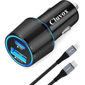 Cluvox 20W Fast USB C Car Charger Adapter with MFi Certified Nylon Cable Compatible for iPhone 14/13/12/Pro/Max/Mini/11/XS/X/XR/8/Plus/SE/Air 3/iPad Mini 5 Rapid PD& QC 3.0 Automobile Charger- 3.3ft