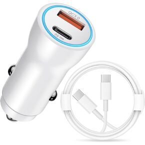 شاحن سيارة iPhone 15 شحن سريع، USB مزدوج وUSB-C شاحن ولاعة سجائر من النوع C إلى سلك من النوع C لهاتف iPhone 15/15 Plus/15 Pro/15 Pro Max/iPad Pro Air Mini (أبيض)