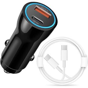 شاحن سيارة iPhone 15 شحن سريع، USB مزدوج وUSB-C شاحن ولاعة سجائر من النوع C إلى سلك من النوع C لهاتف iPhone 15/15 Plus/15 Pro/15 Pro Max/iPad Pro Air Mini (أبيض)