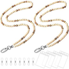 2 Pcs Lanyards for Id Badges with 4 ID Holder Wooden Teacher Lanyard Portable Wood Beaded Lanyards Glasses Chain Keys Lanyards for Women Girls Teacher Gift in Kuwait
