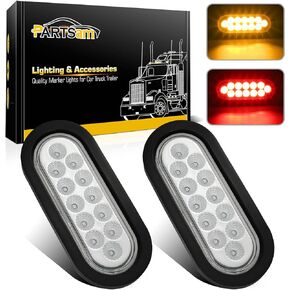 Partsam 2Pcs 6.7 Inch Oval Red Stop Turn Tail Lights to Amber Strobe Lights Kit 12 Diodes w/Rubber Grommets & 3-Prong Wire Pigtails, Red/Amber Oval Led Truck Trailer Tail Lights and Indicator Lights