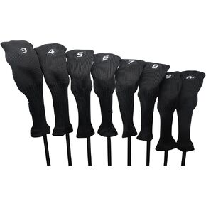 Majek All Hybrid Head Cover Golf Club Black Sleek Tight Fit Headcover Set 3-PW Acrylic Head Covers 3 4 5 6 7 8 9 PW Easy to See Large White Embroidered Numbers