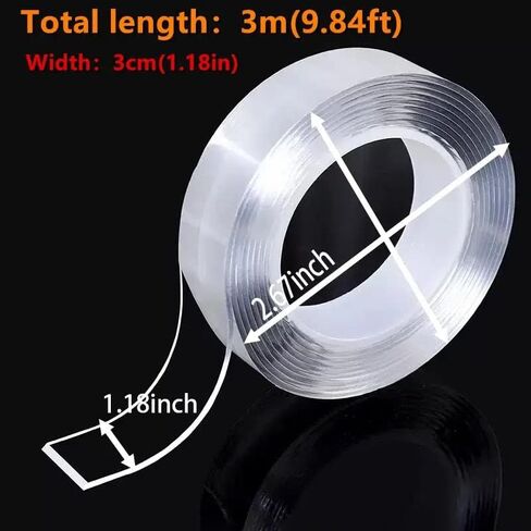 شريط عريض مزدوج الجوانب مقاس 1.18 بوصة، شريط لاصق نانو مزدوج الجوانب، شريط تعليق للصور، شريط ملصق لاصق قابل للإزالة وإعادة الاستخدام لديكور الجدران، ديكور المكتب، شريط السجاد (شفاف، شريط نانو 9.85 قدم) in Kuwait