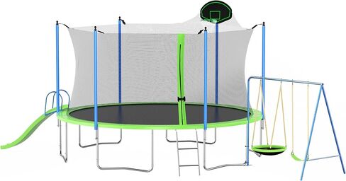 ترامبولين 12 14 16 قدم مع شبكة أمان، سجادة قفز شديدة التحمل وبطانة غطاء زنبركية للأطفال والكبار مع سلم، طوق كرة السلة/الزلاجة/الأراجيح in Kuwait
