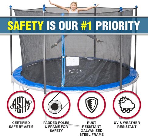 ترامبولين دائري بإطار فولاذي مجلفن عالي التحمل مقاوم للصدأ: مجموعة حاوية أمان ذات 6 أقطاب، تلبي معايير السلامة ASTM، 14 قدم - أزرق in Kuwait