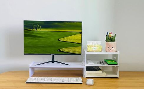 حامل شاشة مع رف تخزين ثلاثي الطبقات للكمبيوتر المحمول وحامل تلفزيون وسطح المكتب ومنظم تخزين خشبي ورافعات شاشة الجلوس. رف حامل للكمبيوتر المحمول مع درج منظم (أبيض) in Kuwait