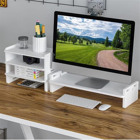 حامل شاشة مع رف تخزين ثلاثي الطبقات للكمبيوتر المحمول وحامل تلفزيون وسطح المكتب ومنظم تخزين خشبي ورافعات شاشة الجلوس. رف حامل للكمبيوتر المحمول مع درج منظم (أبيض) in Kuwait