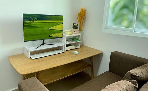 حامل شاشة مع رف تخزين ثلاثي الطبقات للكمبيوتر المحمول وحامل تلفزيون وسطح المكتب ومنظم تخزين خشبي ورافعات شاشة الجلوس. رف حامل للكمبيوتر المحمول مع درج منظم (أبيض) in Kuwait