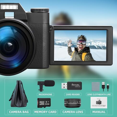 كاميرات رقمية للتصوير الفوتوغرافي، كاميرا فيديو بدقة 4K بدقة 48 ميجابكسل، وكاميرا تسجيل فيديو بتكبير رقمي 16X لليوتيوب، وكاميرا للسفر مع بطاقة SD سعة 32 جيجابايت وعدسة ماكرو بزاوية واسعة in Kuwait