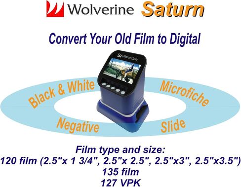 الماسح الضوئي للأفلام والشرائح الرقمية F2D Saturn من Wolverine - يحول 120 تنسيقًا متوسطًا، و127 فيلمًا، وmicrofiche، و35 مم سلبيًا وشرائح إلى رقمية - شاشة LCD مقاس 4.3 بوصة، وبطاقة SD سعة 16 جيجابايت، وكابل Z-Cloth وHDMI متضمن (أزرق) in Saudi Arabia