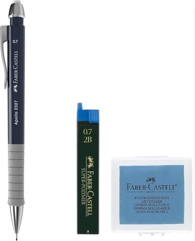 فابر كاستل أبولو 0.7 مم - مجموعة أقلام رصاص ميكانيكية باللون الأزرق الداكن، سلسلة رفيعة من البوليمر الفائق 2B، ممحاة كبيرة معقودة بلون عشوائي، للفنون والرسومات، عبوة من 3 قطع in Kuwait