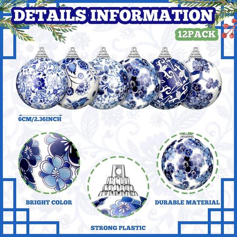 عيد الميلاد Chinoiserie الخزف الحلي 2.36 بوصة الخزف نمط كرات البلاستيك الأزرق الأبيض الحلي الديكور شنقا Chinoiserie ديكور عيد الميلاد مع شريط الحرير لشجرة عيد الميلاد (12 قطعة) in Saudi Arabia