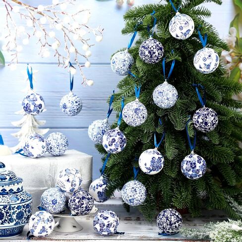 عيد الميلاد Chinoiserie الخزف الحلي 2.36 بوصة الخزف نمط كرات البلاستيك الأزرق الأبيض الحلي الديكور شنقا Chinoiserie ديكور عيد الميلاد مع شريط الحرير لشجرة عيد الميلاد (12 قطعة) in Saudi Arabia