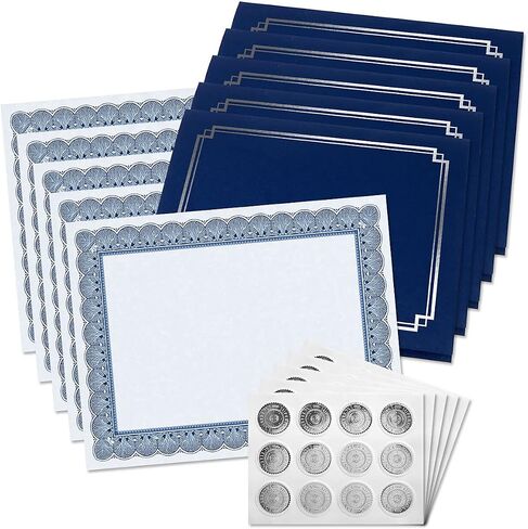 Classic Elite Award Certificate Collection - Includes 25 Certificate Papers (White/Blue), 25 Heavy Linen Folders (Blue/Silver), 25 Silver Foil Seals, Laser & Inkjet Printer Compatible in Saudi Arabia