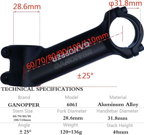GANOPPER 25 Degree 31.8 Bike Stem with 25.4 Handlebar Shim 60mm 70mm 80mm 90mm 100mm 110mm in Kuwait