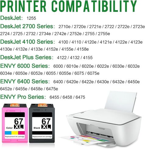مجموعة خرطوشة حبر معاد تصنيعها بديلة لحبر HP 67XL تعمل مع DeskJet 2700 2752 2755 4155 Envy 6000 6055e 6055 Envy Pro 6400 6455 6455e 6475 6452 (1 أسود، 1 ثلاثي الألوان) in Kuwait
