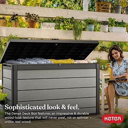 Keter Denali 30 Gallon Resin Deck Box for Patio Furniture, Pool Accessories, and Storage for Outdoor Toys, Grey/Black in Saudi Arabia