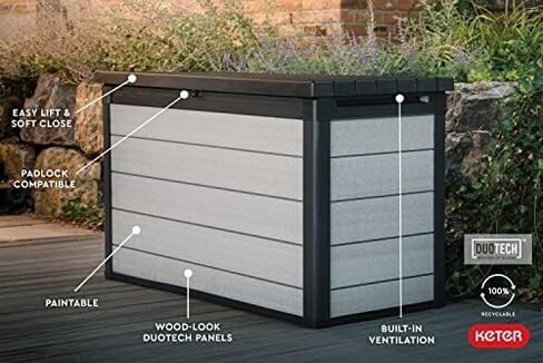 Keter Denali 30 Gallon Resin Deck Box for Patio Furniture, Pool Accessories, and Storage for Outdoor Toys, Grey/Black in Saudi Arabia