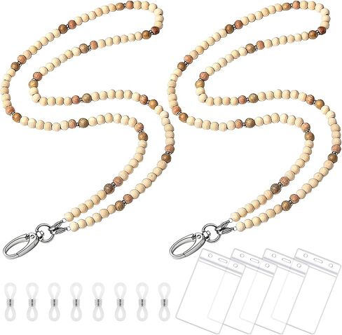 2 Pcs Lanyards for Id Badges with 4 ID Holder Wooden Teacher Lanyard Portable Wood Beaded Lanyards Glasses Chain Keys Lanyards for Women Girls Teacher Gift in Kuwait