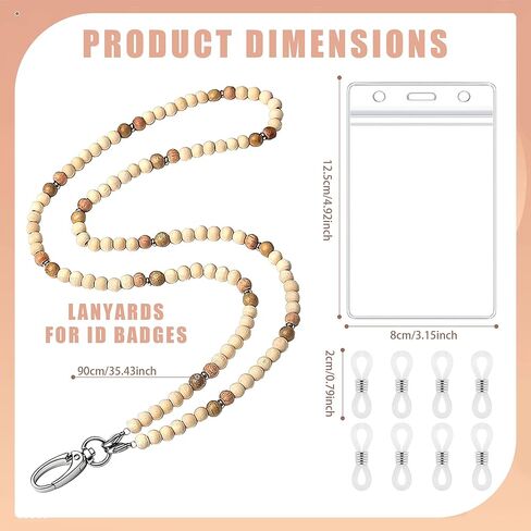 2 Pcs Lanyards for Id Badges with 4 ID Holder Wooden Teacher Lanyard Portable Wood Beaded Lanyards Glasses Chain Keys Lanyards for Women Girls Teacher Gift in Kuwait