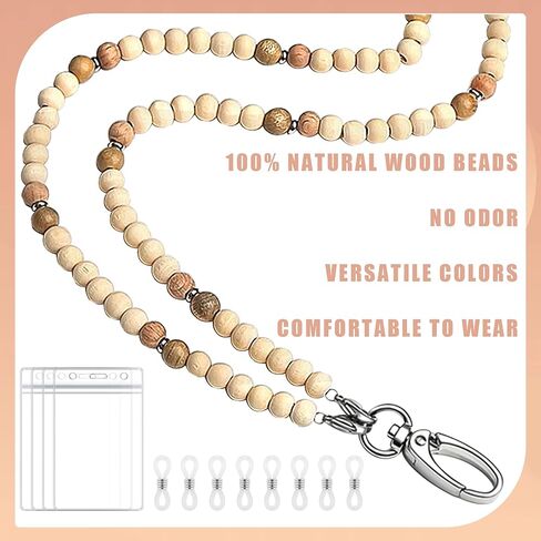 2 Pcs Lanyards for Id Badges with 4 ID Holder Wooden Teacher Lanyard Portable Wood Beaded Lanyards Glasses Chain Keys Lanyards for Women Girls Teacher Gift in Kuwait