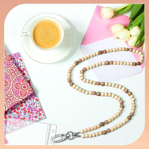 2 Pcs Lanyards for Id Badges with 4 ID Holder Wooden Teacher Lanyard Portable Wood Beaded Lanyards Glasses Chain Keys Lanyards for Women Girls Teacher Gift in Kuwait