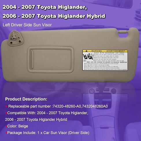 NHILES سائق الجانب الأيسر واقي من الشمس متوافق مع تويوتا هايلاندر 2004-2007 رقم الاستبدال 74320-48260-A0 بيج in Kuwait