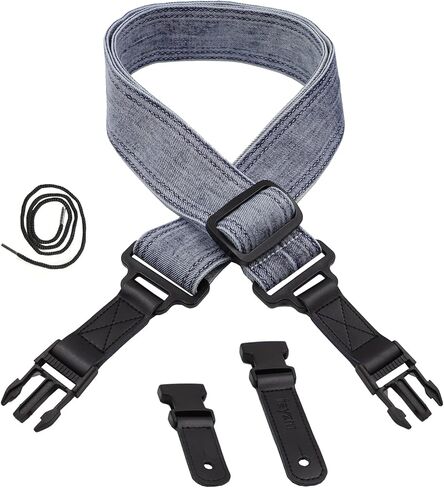 حزام جيتار مع نهايات جلدية سريعة الفك، حزام قابل للتعديل باللون الأزرق ديمين المغسول للجيتار الصوتي/الكهربائي/الجهير مع مشبك، بعرض 5 سم in Kuwait