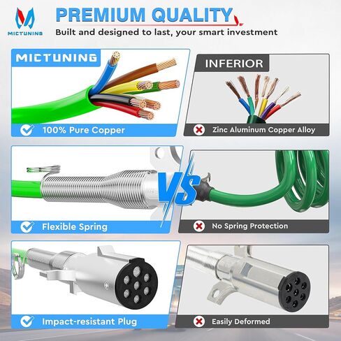 MICTUNING 7 طريقة ملفوف مقطورة الحبل 15FT الأخضر ABS كابل الطاقة الكهربائية الثقيلة SAE J560 7 دبوس سلك التوصيل للجرارات شبه الشاحنات in Kuwait