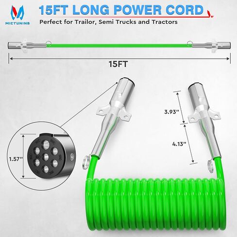MICTUNING 7 طريقة ملفوف مقطورة الحبل 15FT الأخضر ABS كابل الطاقة الكهربائية الثقيلة SAE J560 7 دبوس سلك التوصيل للجرارات شبه الشاحنات in Kuwait
