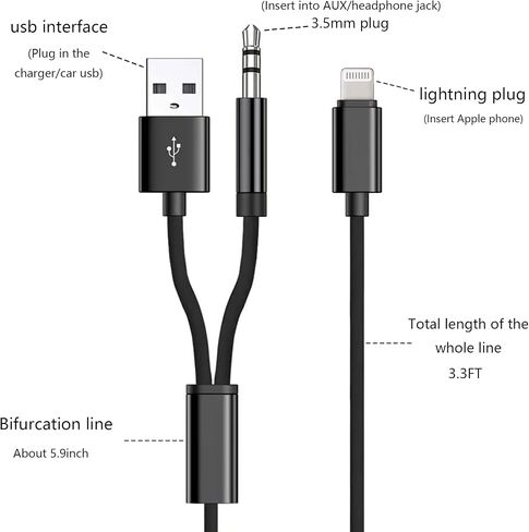 كابل صوت Lightning إلى 3.5 مم Aux Cord Audio 2 في 1 يعمل مع سماعات رأس ستيريو للسيارة iPhone إلى 3.5 مم كابل Aux ستيريو متوافق مع iPhone 13/12/11/X/8 (3.3FT) in Saudi Arabia