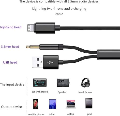 كابل صوت Lightning إلى 3.5 مم Aux Cord Audio 2 في 1 يعمل مع سماعات رأس ستيريو للسيارة iPhone إلى 3.5 مم كابل Aux ستيريو متوافق مع iPhone 13/12/11/X/8 (3.3FT) in Saudi Arabia
