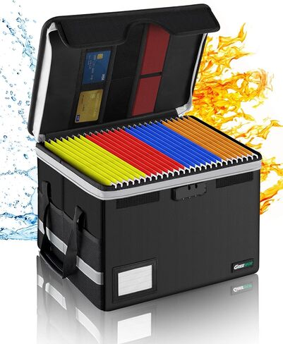 File Box with Lock, GREEWOR Portable Fireproof Document Box with Tab Inserts, Collapsible File Cabinet for Home Office/Book/Toy Storage, Reusable File Storage Oraganizer for Hanging Letter/Legal in Kuwait