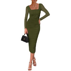 PRETTYGARDEN Midi Dresses for Women Fall Fashion 2025 Long Sleeve Ruched Bodycon Cocktail Party Wedding Guest Dress