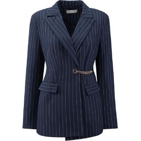 Women's Striped Blazers Lapel Collar Chain Decor Long Sleeve Work Office Jackets