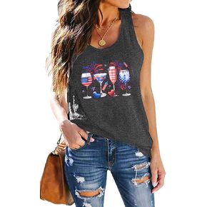 American Flag Tank Tops Women : Wine Glass Graphic Tees 4th of July Tops Patriotic Shirts Firework Tank Tops