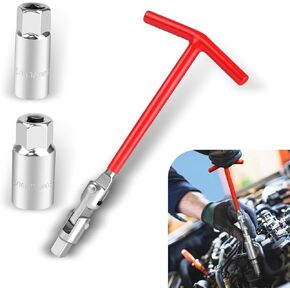 3 PCS Car Spark Plug Socket Wrench, 3/8" Interface 0.62"+0.82" Carbon Steel T-type Rubberized Handle 360 Degree Universal Head Joint Hex Socket, Repair Accessories, for Cars (Red & Silver)
