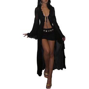 LETSVDO Women Sheer Long Kimono Cardigan Bell Sleeve Mesh Chiffon Ruffle Flowy Duster Robe Beach Swimsuit Cover Up Dress in Saudi Arabia