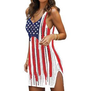 American Flag Swimsuits Coverup for Women 4th of July Dress Red White and Blue Bathing Coverups Beach Tank Dresses