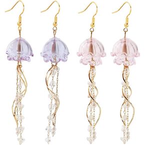 2Pair Whimsical Jellyfish-Shaped Long Tassel Dangling Earrings Sparkling Fashion Accessories